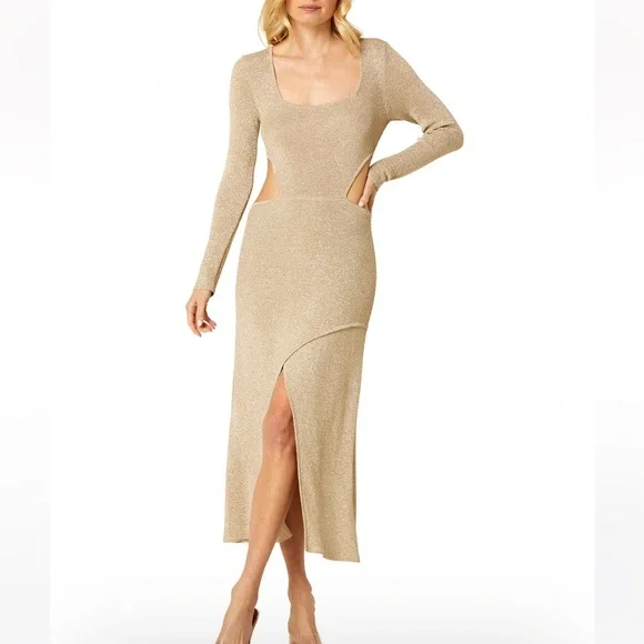NWT Misa Los Angles Metallic Gold Beige Knit Cut Out Midi Sweater Dress - Picture 6 of 13